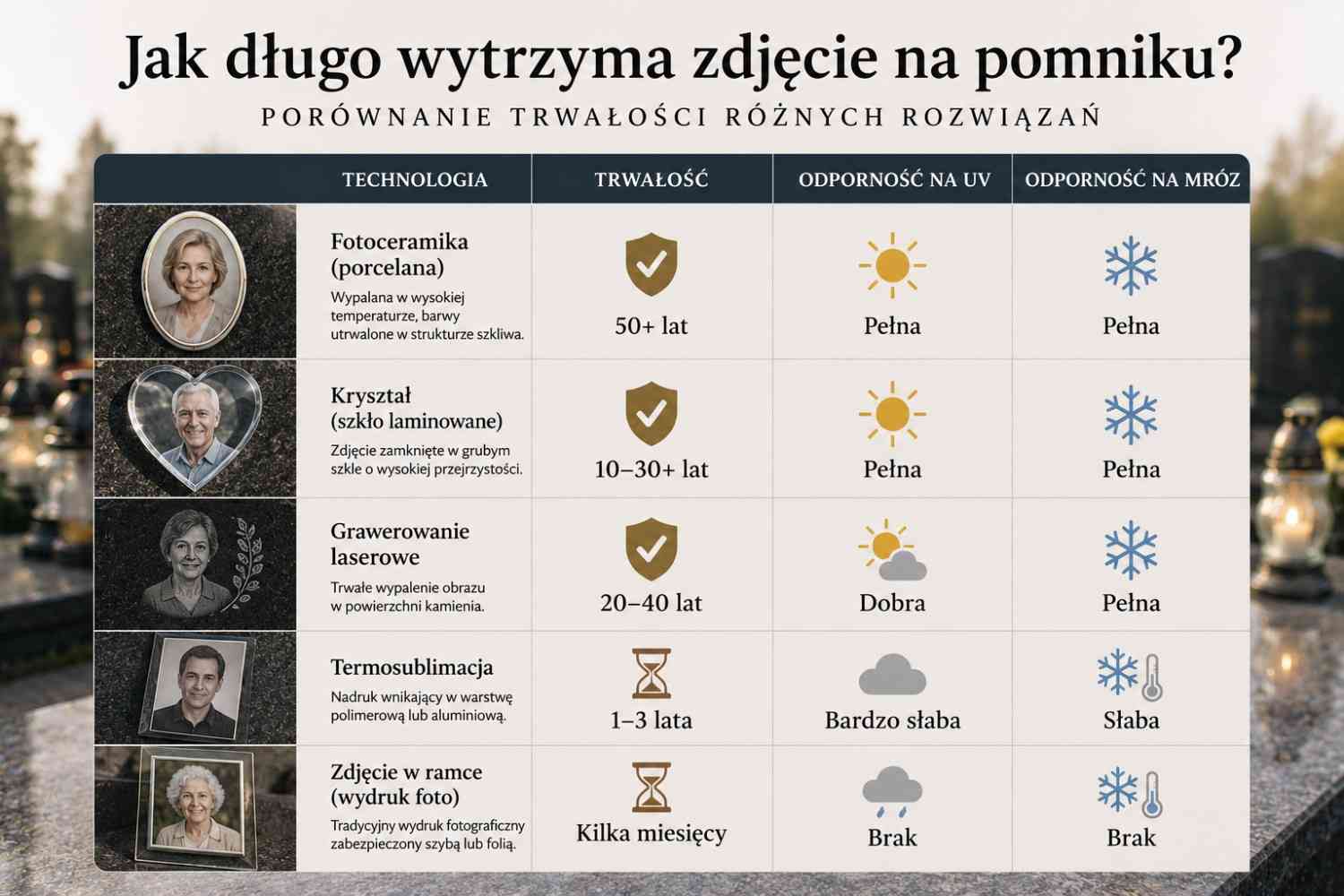 porównanie trwałości zdjęć na pomnik